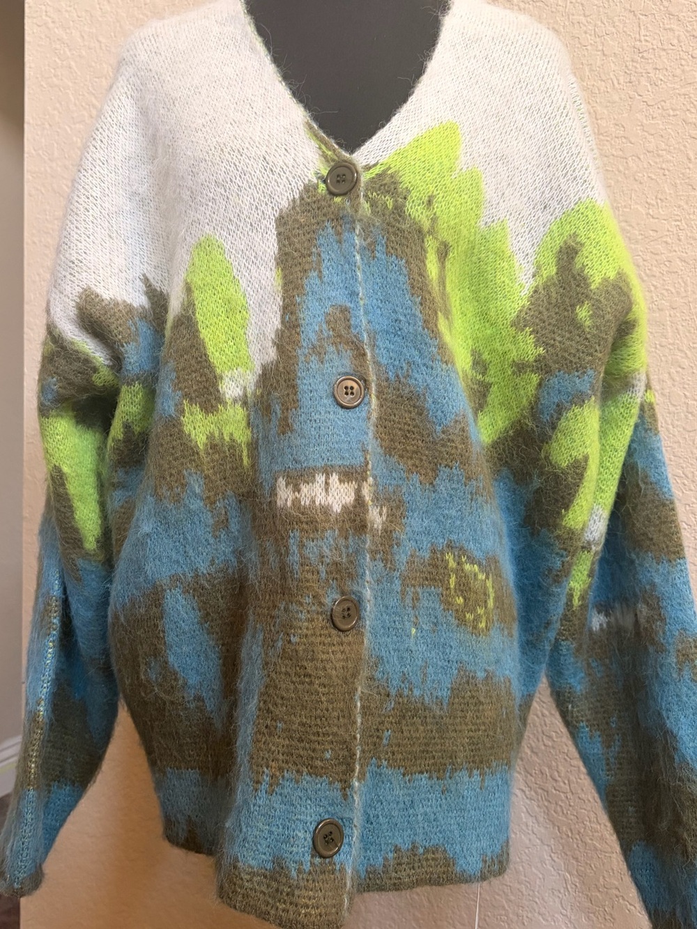Vibrant Colorblock Mohair-Blend Button Cardigan - Blue, Green, White